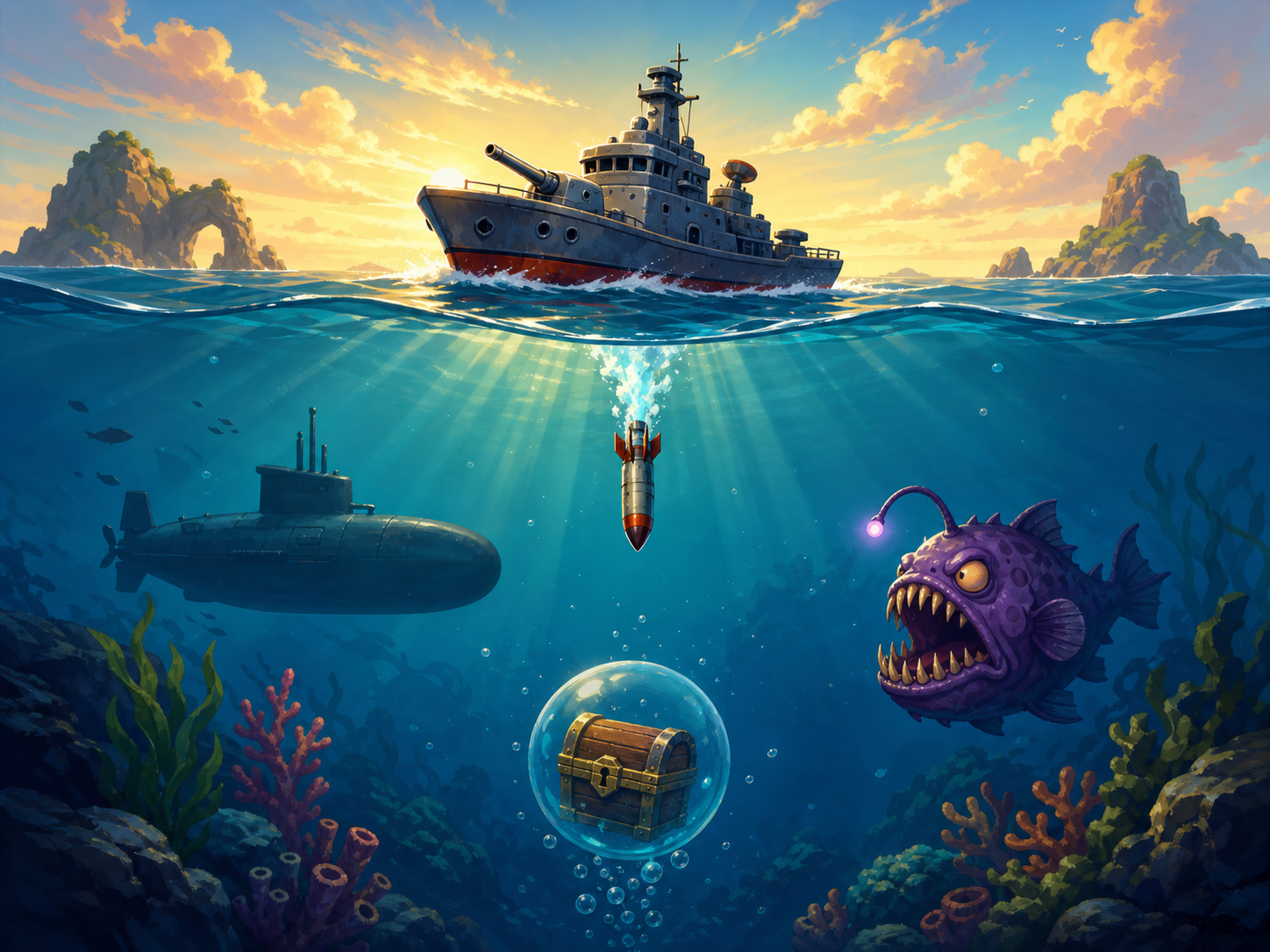 Sea Bomb battleship, submarine, sea creature, and treasure chest preview
