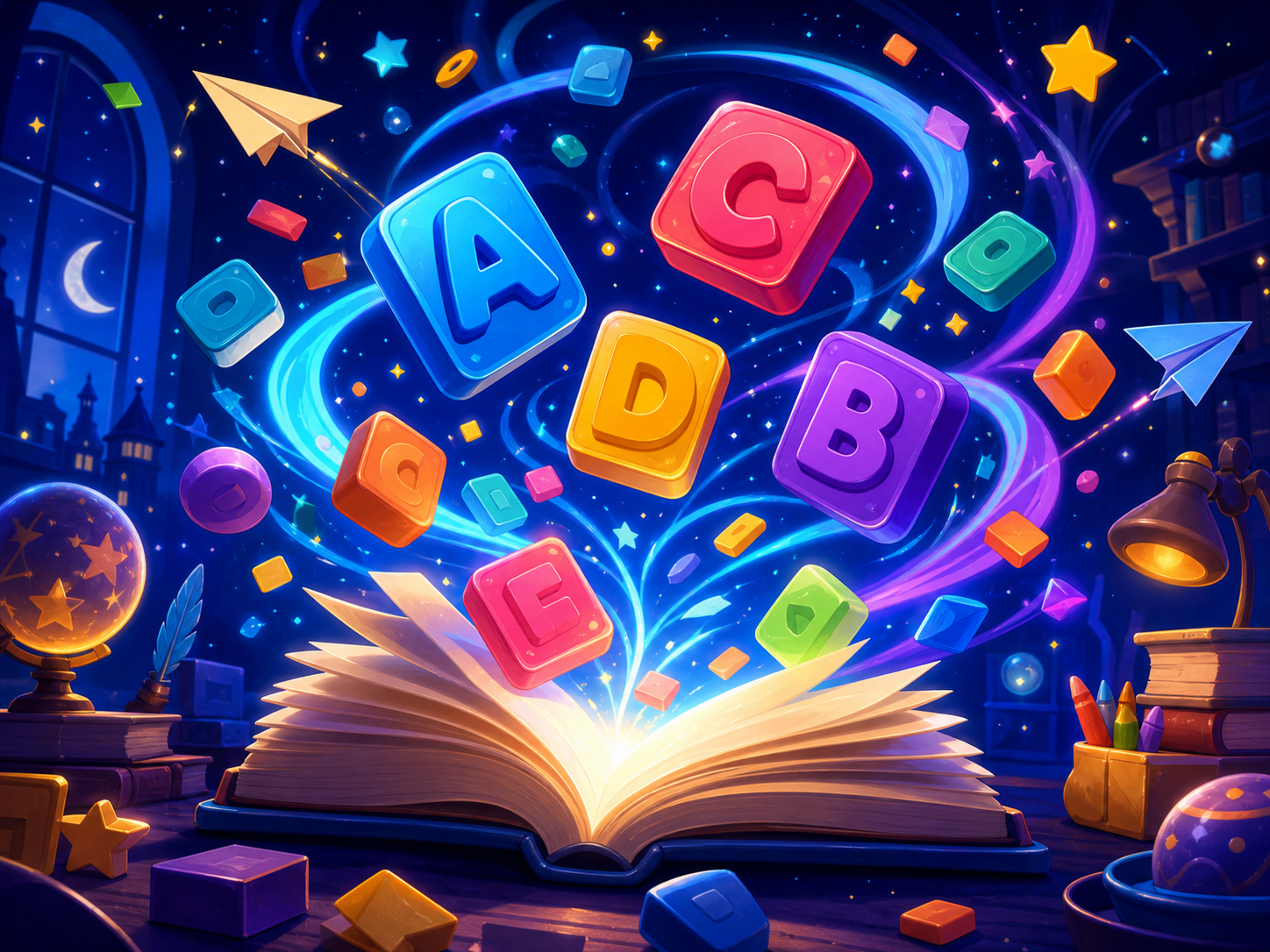 Spelling Spree glowing alphabet tiles and open book preview